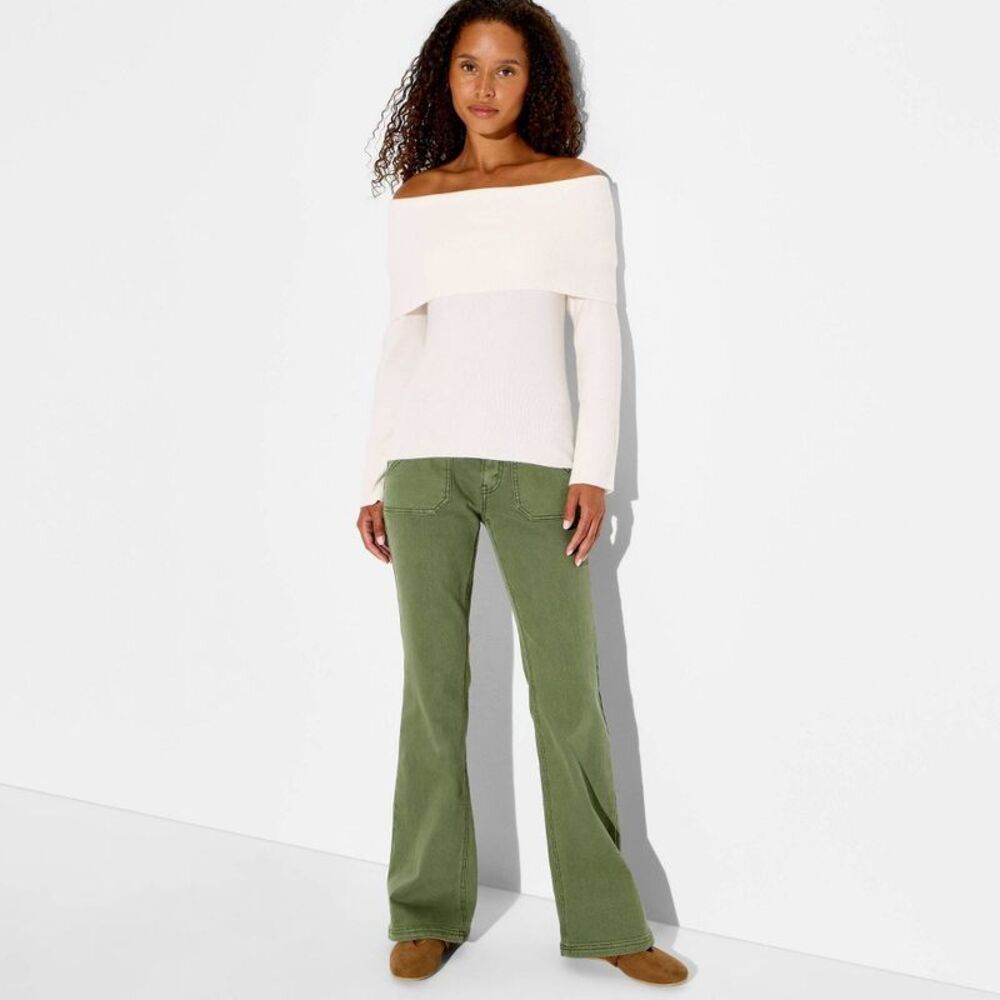Women's Off the Shoulder Pullover Sweater - Wild Fable Off-White Striped S